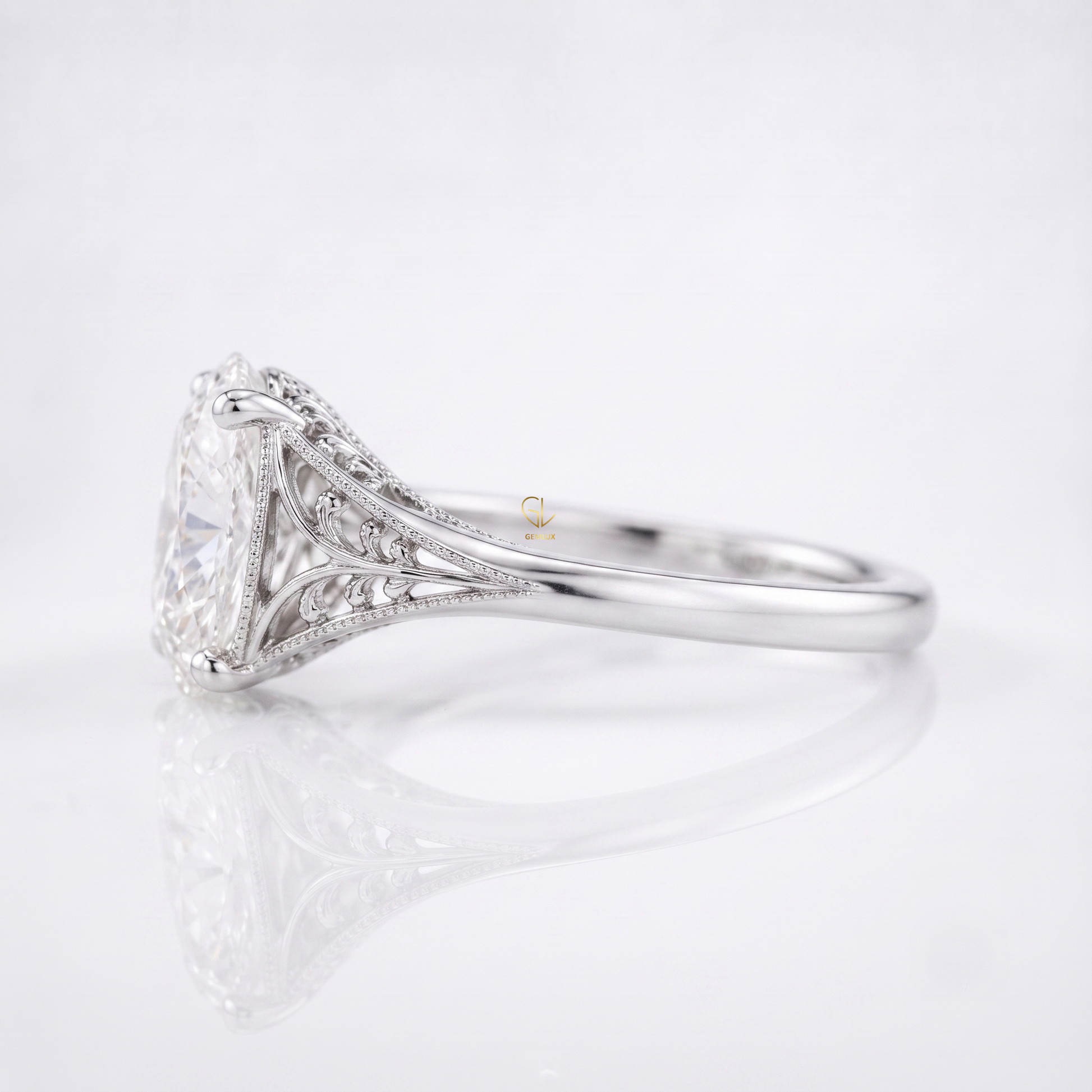 Vintage filigree oval cut lab-grown diamond solitaire ring, side angle, Gemlux Engagement Collection