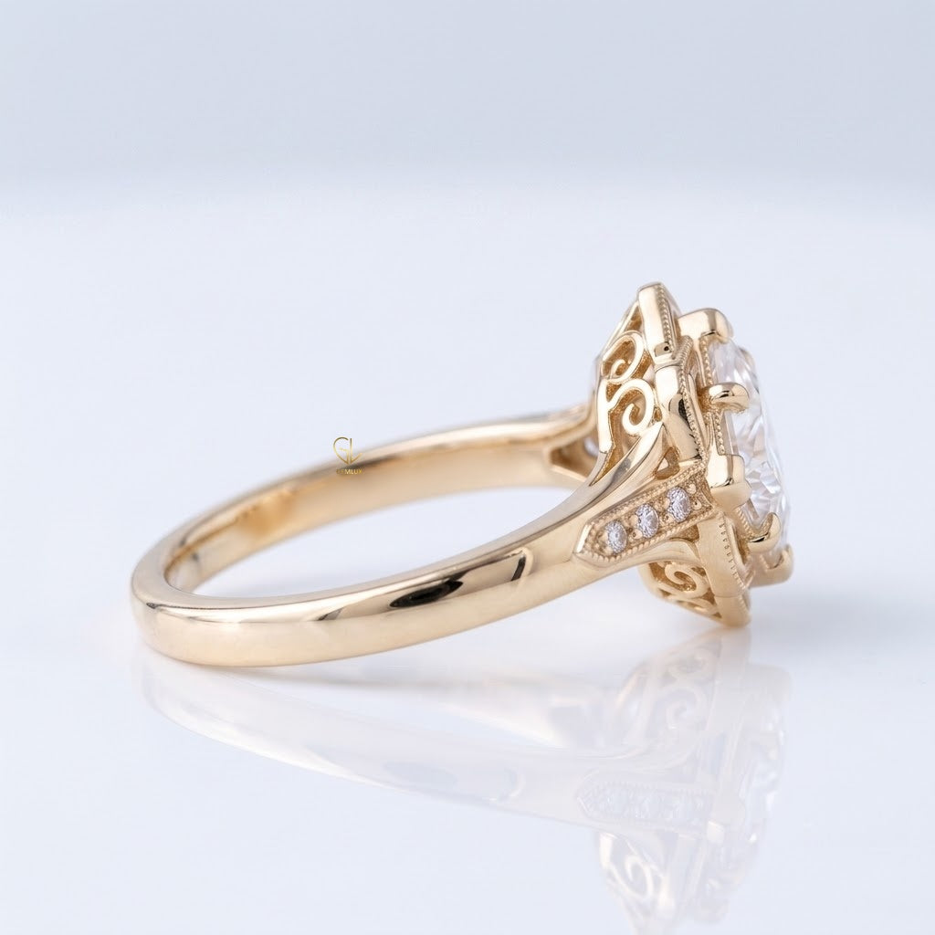 Vintage kite halo princess cut lab-grown diamond ring, detail view of milgrain setting, Gemlux Engagement Collection