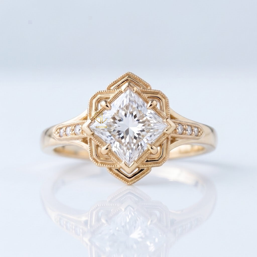 Vintage kite halo princess cut lab-grown diamond engagement ring, yellow gold, IGI certified, Gemlux Engagement Collection