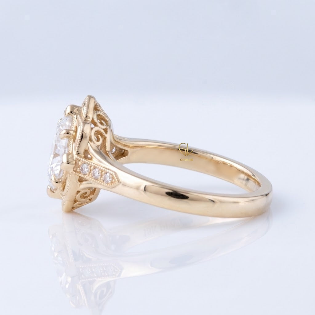 Vintage kite halo princess cut lab-grown diamond ring, side angle, IGI certified, Gemlux Engagement Collection