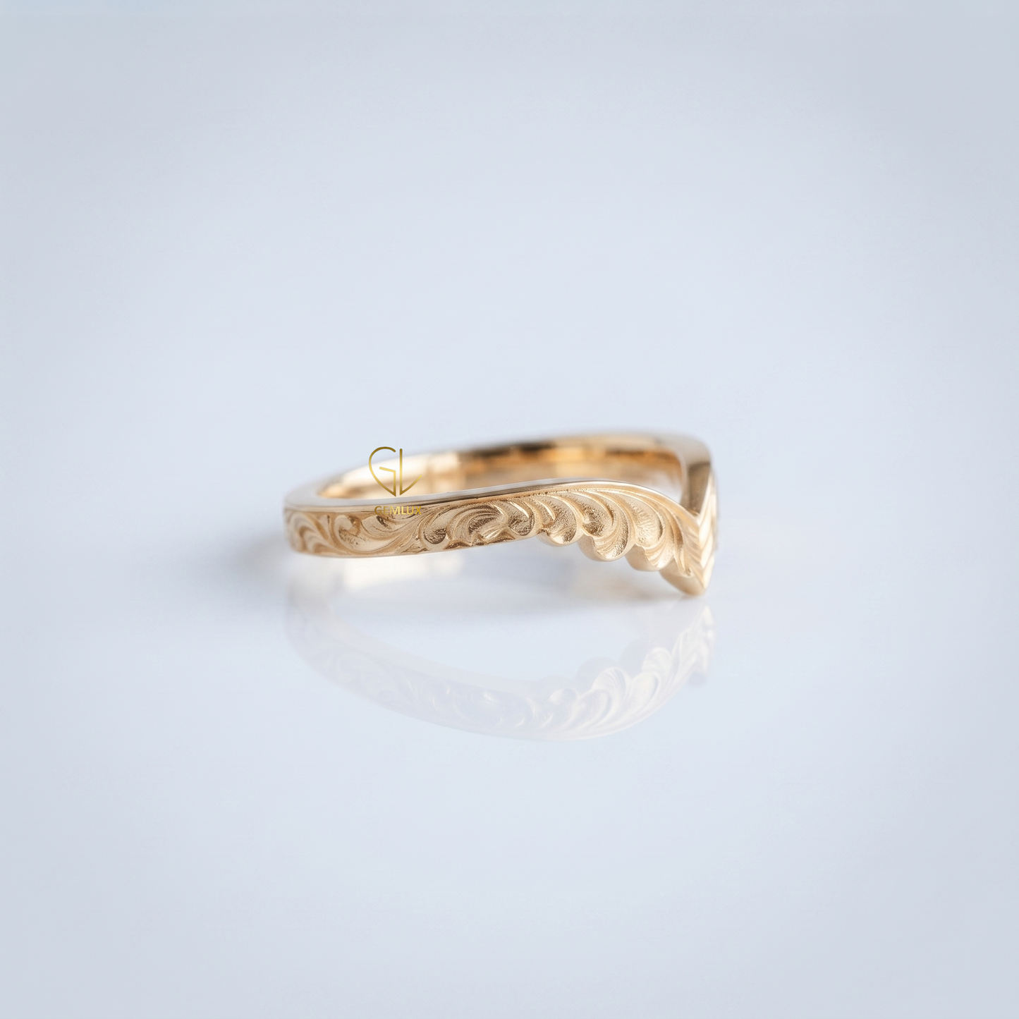 Wave feather contour wedding band, detail view of texture, Gemlux Wedding Collection