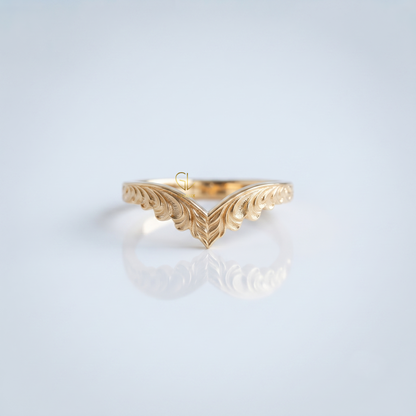 Wave feather contour wedding band, yellow gold, Gemlux Wedding Collection