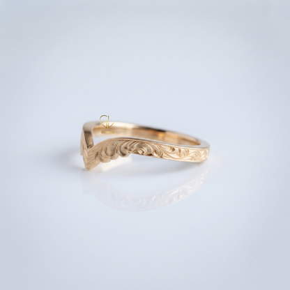 Wave feather contour wedding band, side angle, Gemlux Wedding Collection